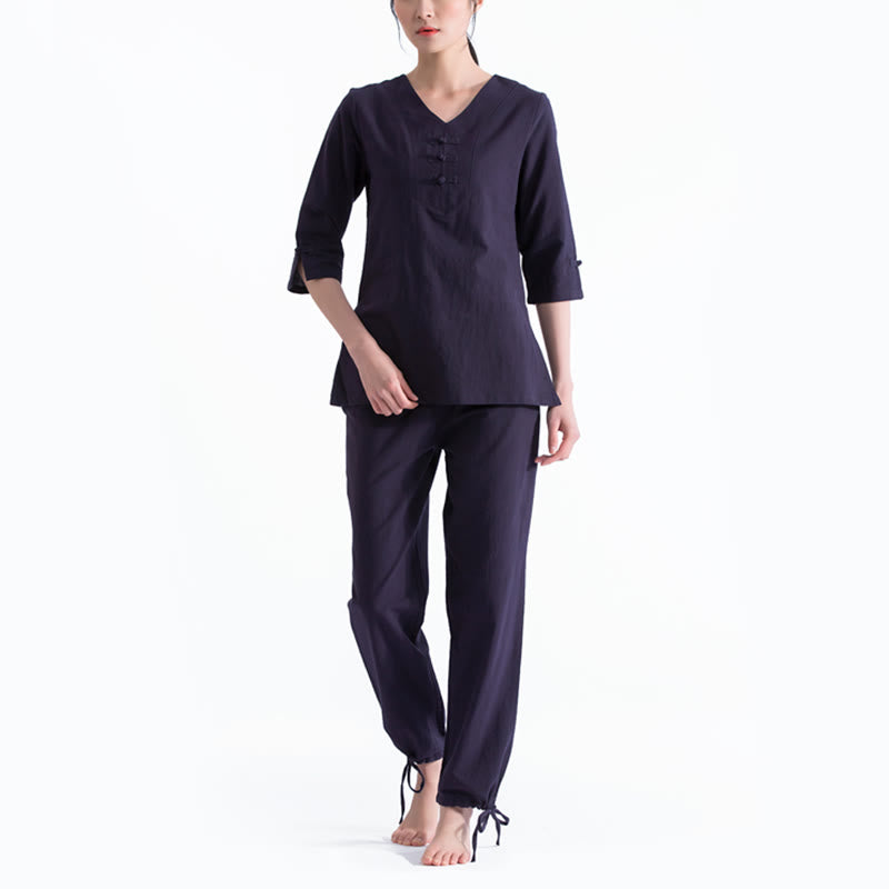 Conjunto de ropa de lino y algodón con diseño de cuello en V para mujer, uniforme de práctica Zen, Buddha Stones, Yoga, meditación y oración