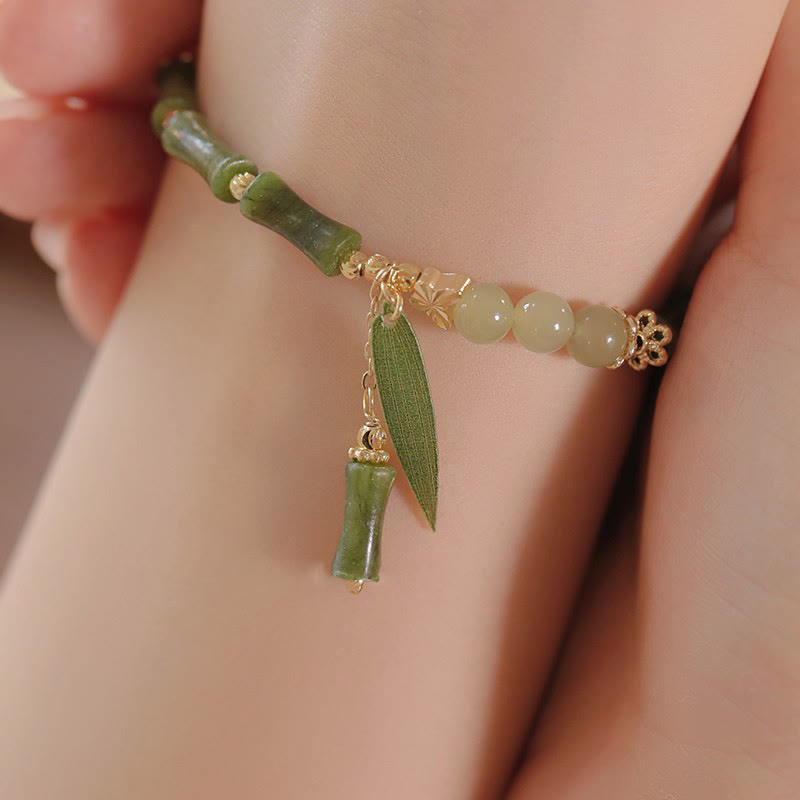 Pulsera de la abundancia de la suerte del patrón del lirio de los valles de la hoja de bambú del jade de las Buddha Stones
