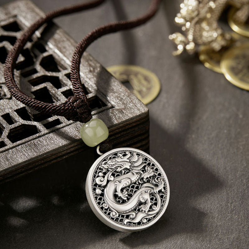 Collar con colgante de plata de ley 999 con Buddha Stones, diseño del Año del Dragón Fu, con carácter de jade hetiano