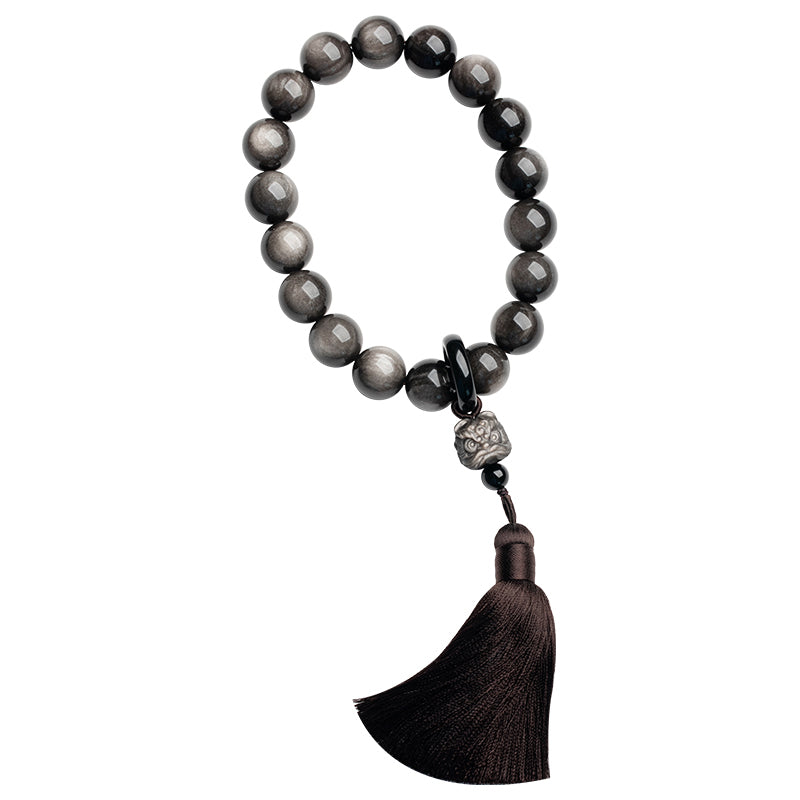 Obsidiana con brillo de plata Natural, León de obsidiana negra, protección Mala para muñeca, borlas, bolsillo, decoración para coche
