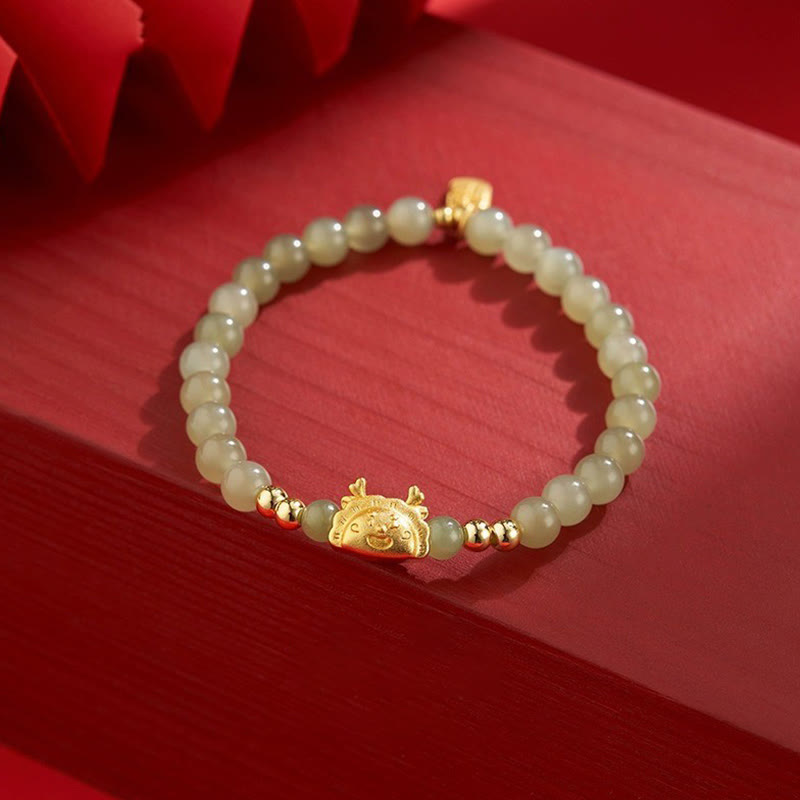 Buddha Stones Año del Dragón Dumpling Ágata Roja Natural Granate Hetian Jade Fu Personaje Suerte Éxito Pulsera