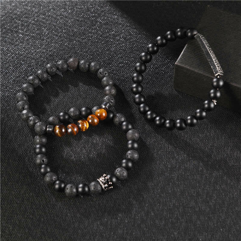 Pulsera activada con ojo de tigre, piedra de Lava, piedra esmerilada, 3 Buddha Stones.