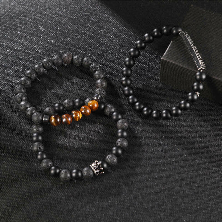 Pulsera activada con ojo de tigre, piedra de Lava, piedra esmerilada, 3 Buddha Stones.