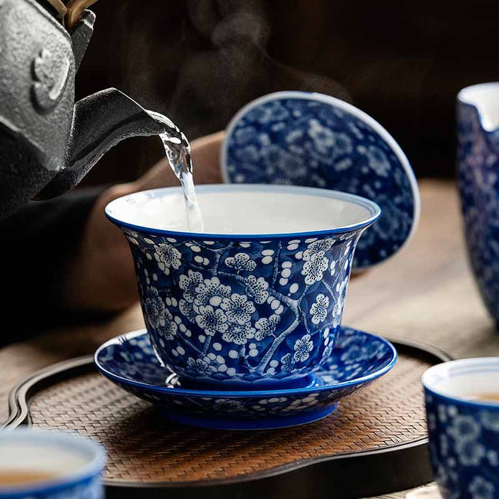 Taza de té de cerámica Gaiwan Sancai, taza de té de Kung Fu y platillo con tapa, Buddha Stones, flor de ciruelo, porcelana azul y blanca, 185ml