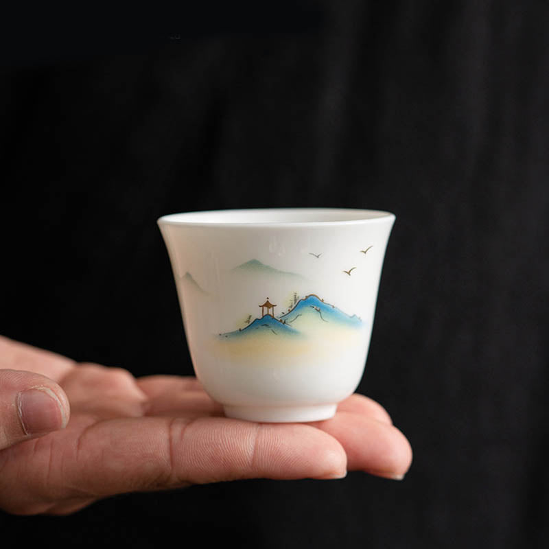 Taza de té de cerámica con Buddha Stones, flor de loto, hoja, montaña, pabellón, alce, peonía, taza de té de Kung Fu