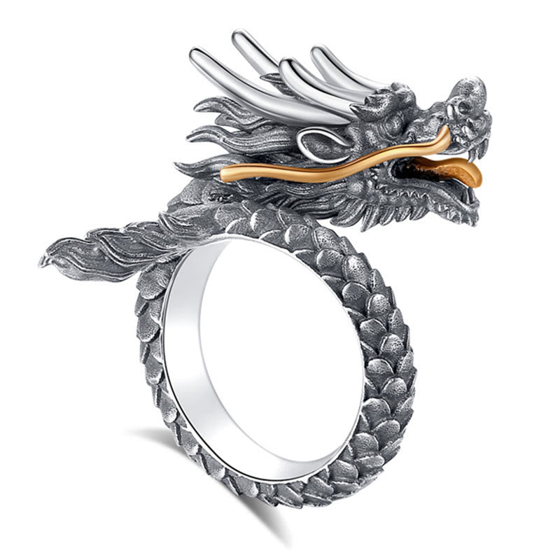 Anillo ajustable de fuerza de protección con diseño de dragón vintage de plata de ley 925 con Buddha Stones - Dragón de plata de ley 925 - image 3