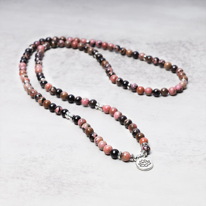 Pulsera de energía de compasión de loto de rodonita con 108 cuentas de Mala de Buddha Stones