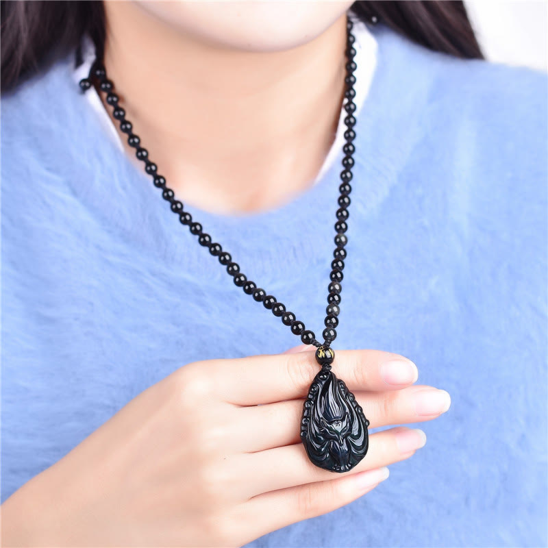 Buddha Stones, obsidiana arcoíris Natural, zorro de nueve colas, collar de paz interior, colgante de cadena con cuentas