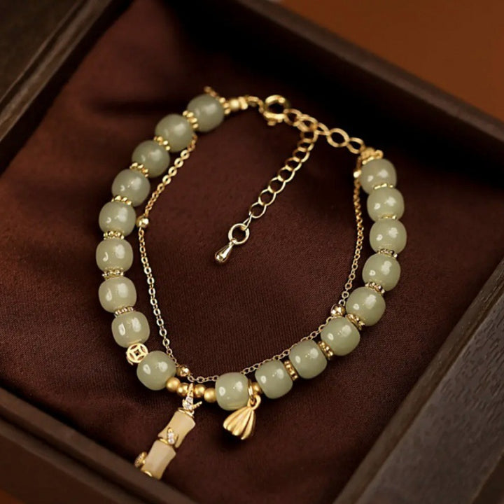 Pulsera con dijes de bambú y loto de prosperidad, jade hetiano natural, Buddha Stones