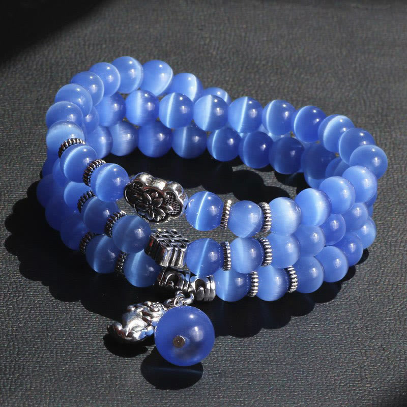 Pulsera de triple vuelta con soporte PiXiu de ojo de gato y Buddha Stones