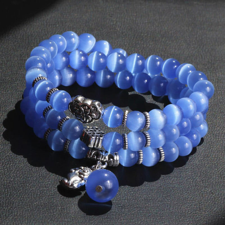 Pulsera de triple vuelta con soporte PiXiu de ojo de gato y Buddha Stones