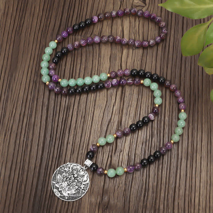 Pulsera de meditación con Buddha Stones , 108 cuentas Mala, amatista, aventurina verde, loto - image 2