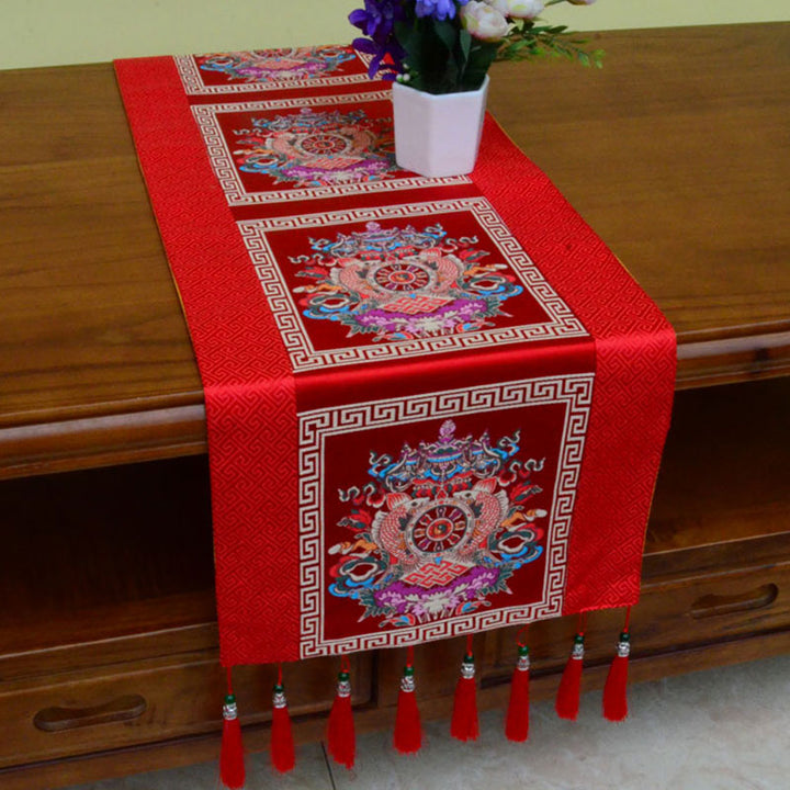 Tapete para altar de oración con Buddha Stones , Man-Bcu, Kalachakra, nudo sin fin, Vajra, símbolos propicios tibetanos, camino de mesa con borlas
