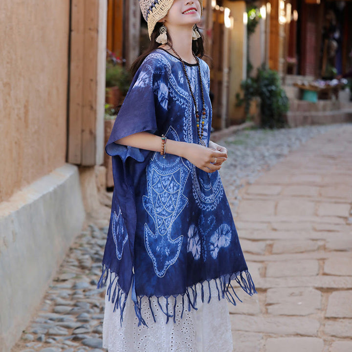 Jersey de viaje acogedor con borlas y chal Batik geométrico azul de Buddha Stones 90*95cm