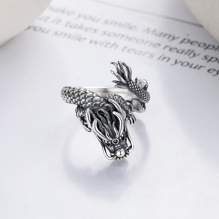 Anillo de metal de la suerte con diseño del año del dragón de plata de ley 925 vintage con Buddha Stones