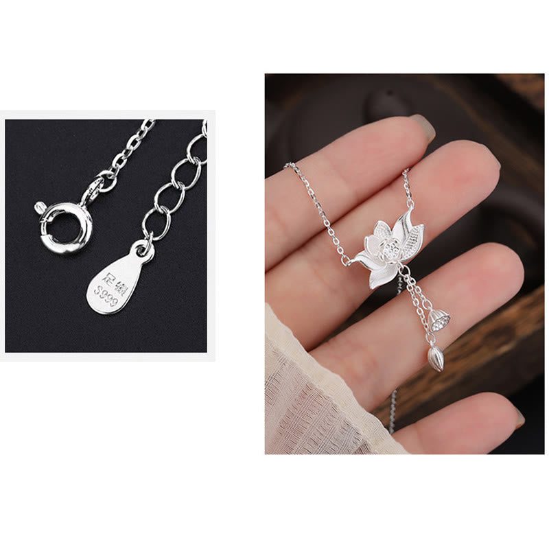 Colgante de collar de iluminación tallada con vaina de flor de loto de plata de ley 999 con Buddha Stones
