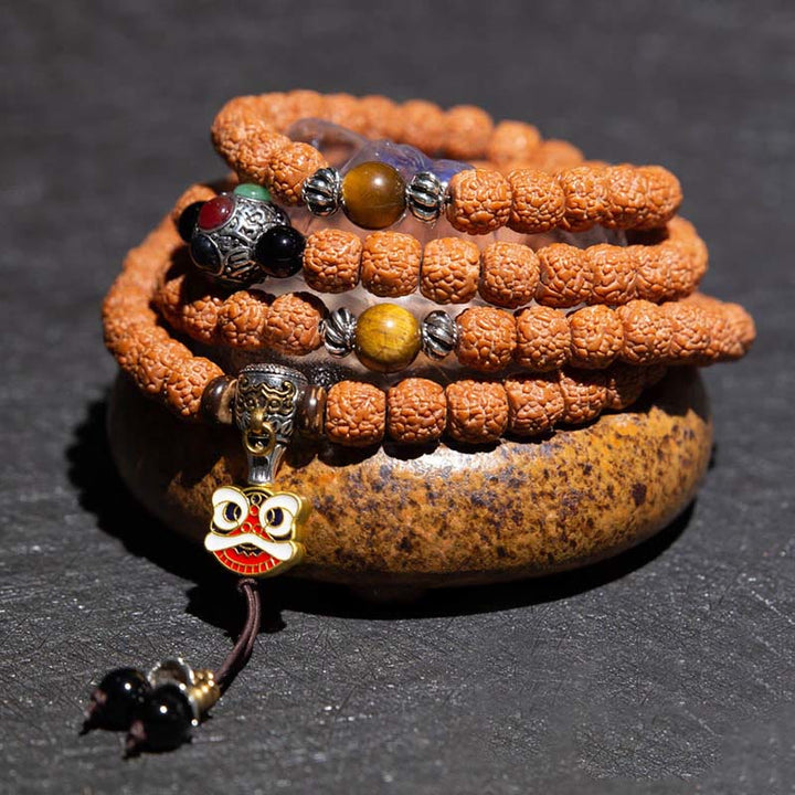 Tíbet 108 Mala cuentas Rudraksha Bodhi semilla zodiaco chino Buda Natal pulsera con dijes de riqueza