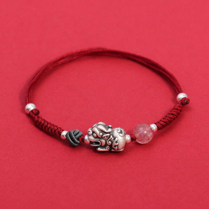 Pulsera trenzada de plata de ley 999 con Buddha Stones PiXiu, cuentas de cuarzo fresa, riqueza y suerte - Cuerda roja (circunferencia de la muñeca 14-19 cm) - image 2