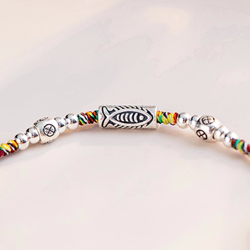 Pulsera tobillera de hilo colorido trenzado con pez Koi de la suerte de plata de ley 925 con Buddha Stones