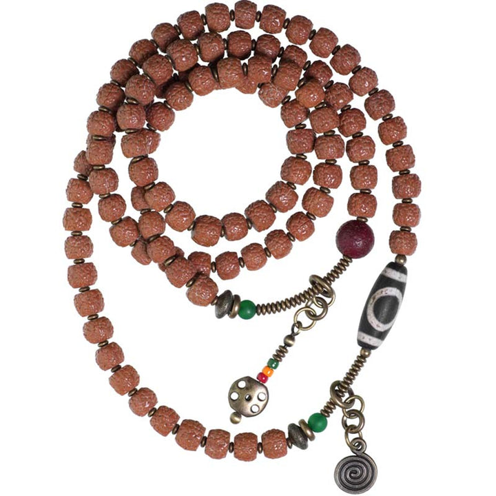 108 cuentas de Mala Rudraksha, semilla Bodhi, cuentas Dzi, pulsera de borlas de buena suerte