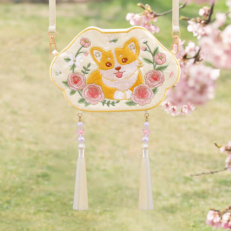Bordado de Buddha Stones, Panda de la suerte, gato, Shiba Inu, ciervo, conejo, zorro, flor, Animal bonito, Hanfu, bolso cruzado, bolso de hombro