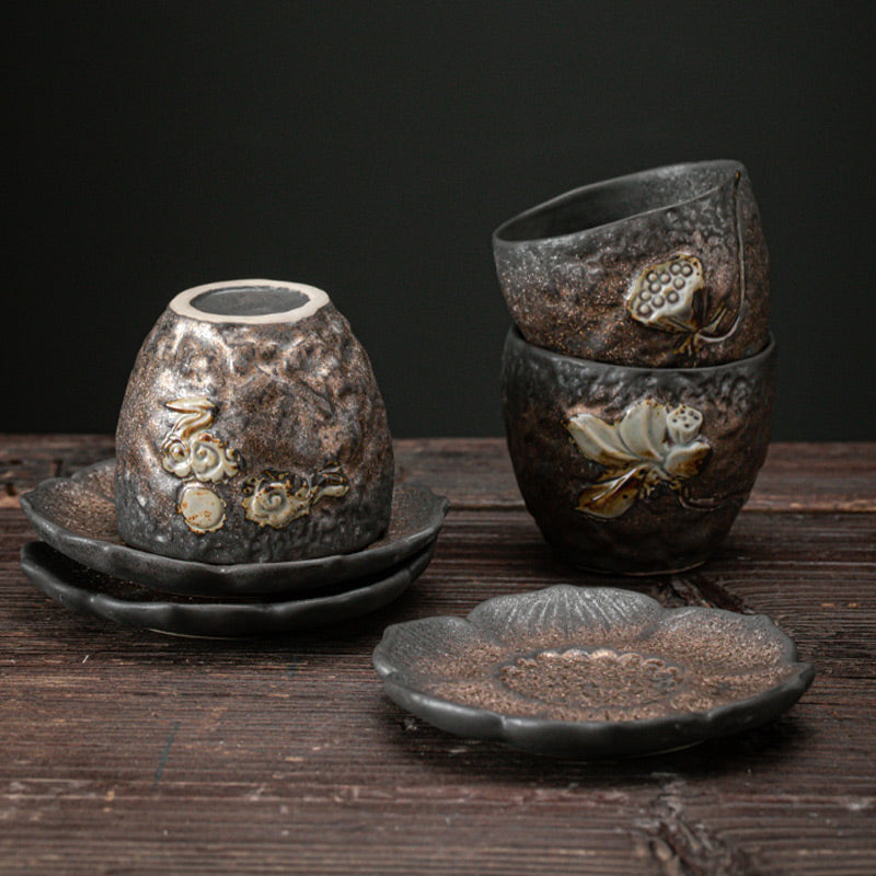 Taza de té de cerámica con Buddha Stones, hoja de vaina de loto, flor, nubes propicias, taza de té de Kung Fu