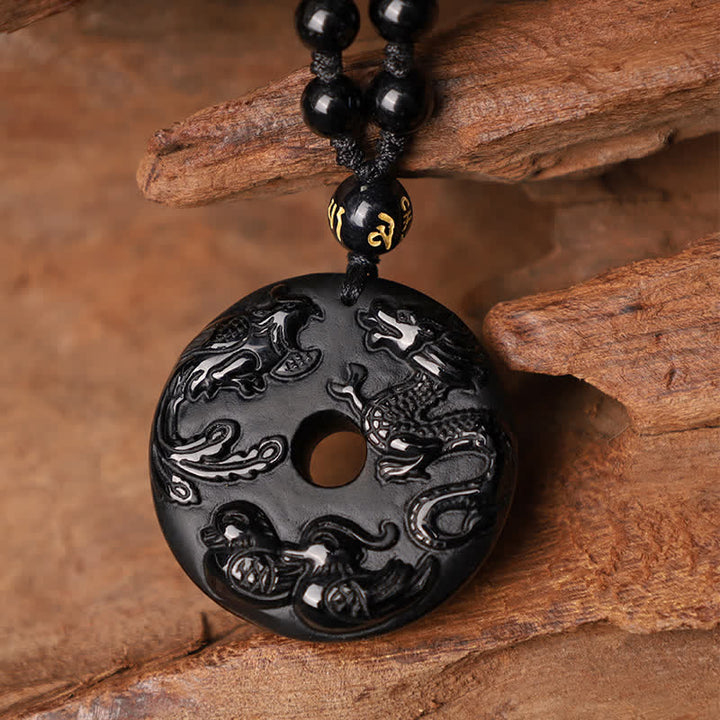 Buddha Stones Obsidiana Negra Dragón Fénix Pato Mandarín Collar de Protección de la Suerte Colgante