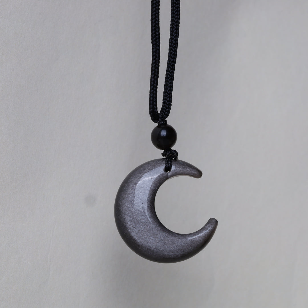 Colgante de collar de protección de luna creciente con estrella de obsidiana brillante de plata natural con Buddha Stones