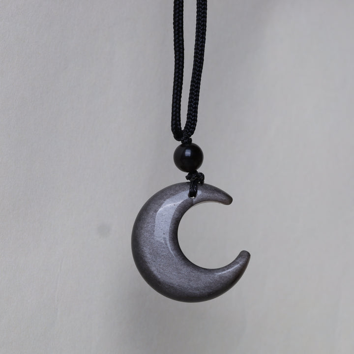 Colgante de collar de protección de luna creciente con estrella de obsidiana brillante de plata natural con Buddha Stones