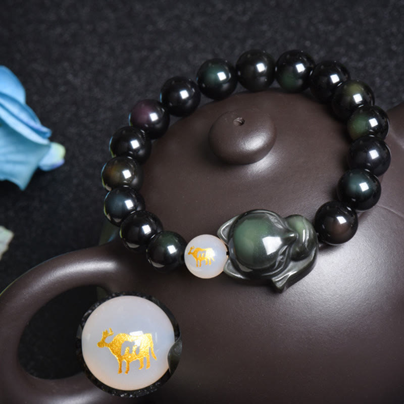 Buddha Stones Natural Arco Iris Obsidiana Oro Brillo Obsidiana Plata Brillo Obsidiana Zorro Curación Pulsera