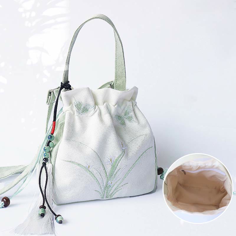 Bolso de hombro de lona con flores bordadas hechas a mano con Buddha Stones - image 1