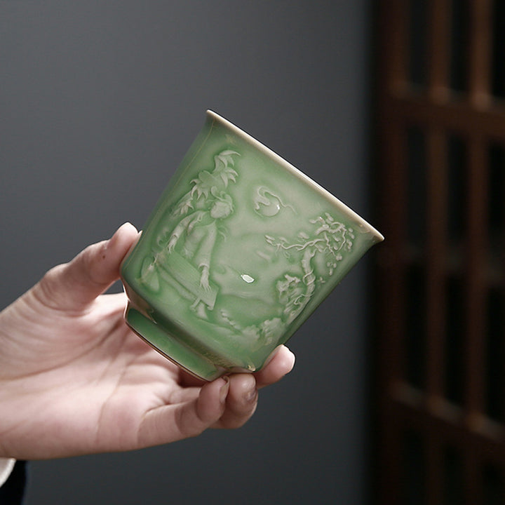 Taza de té de cerámica de pino, piedras de Buddha Stones , árboles, pabellón, montañas, ríos, Kung Fu