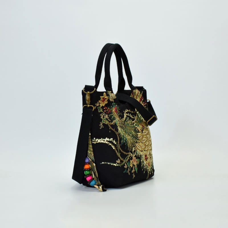 Bolso de mano con bordado de doble cara de pavo real con Buddha Stones, bolso bandolera