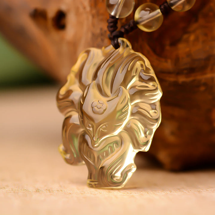 Buddha Stones, amatista Natural, cristal blanco, citrino, colgante de collar de la suerte de zorro de nueve colas