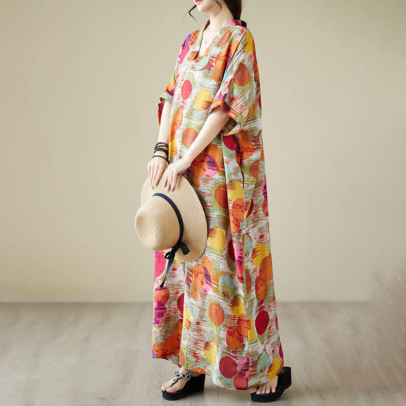 Vestido midi de lunares de colores azul naranja y piedras de Buddha Stones Vestido de media manga de algodón con bolsillos