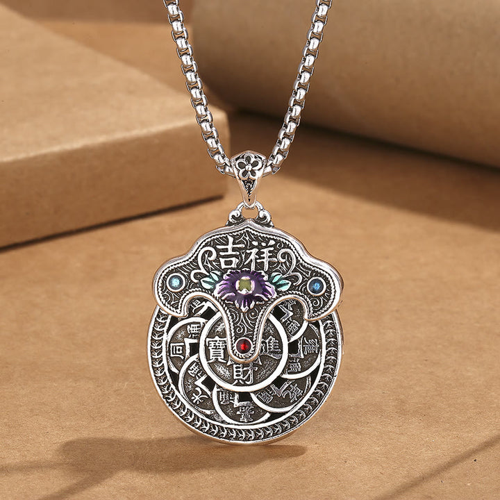 Colgante de collar de riqueza con monedas de cobre, flor de peonía , Buddha Stones