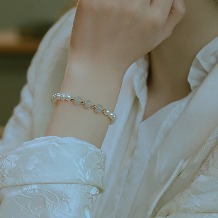Pulsera de cadena de cuentas de sinceridad de jade blanco de jade cian hetiano con perlas naturales chapadas en oro de 14 quilates