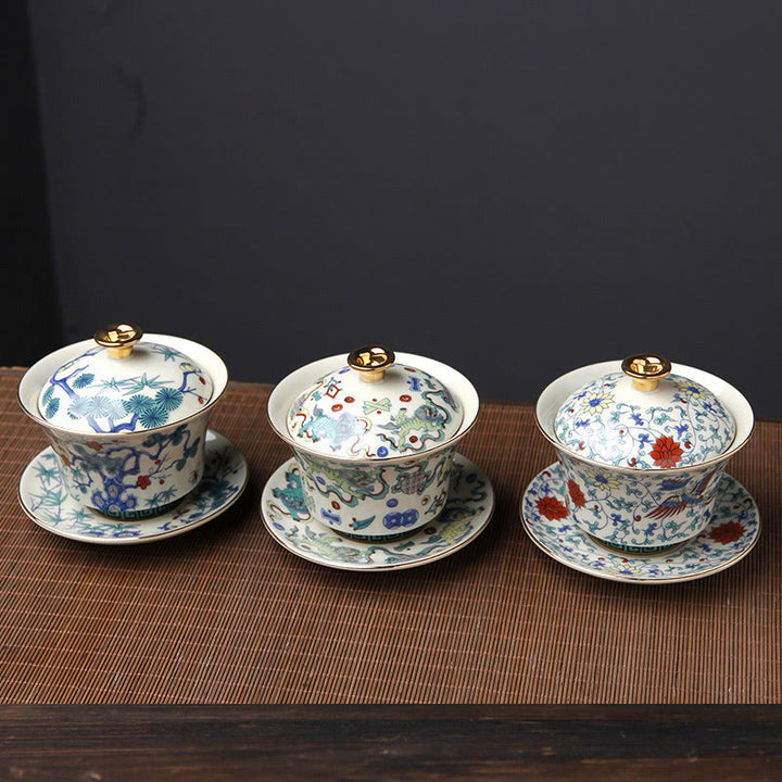 Buddha Stones Retro, flor de ciruelo, pino, bambú, Phoenix, Kirin, cerámica, Gaiwan Sancai, taza de té de Kung Fu y platillo con tapa