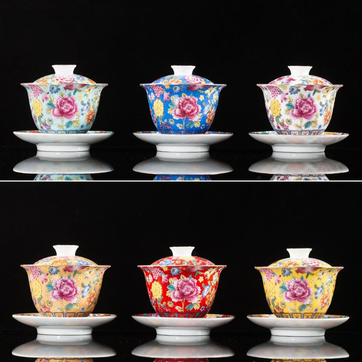 Taza de té y platillo con tapa, Gaiwan Sancai de cerámica, flores de peonía, Buddha Stones , Kung Fu