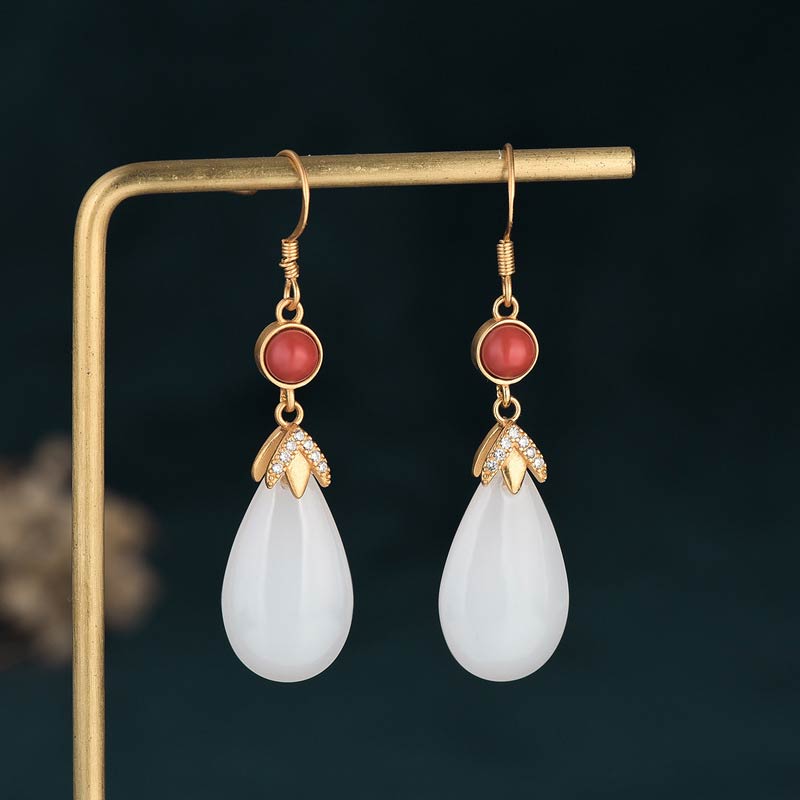 Pendientes colgantes de la suerte de jade blanco FengShui con Buddha Stones