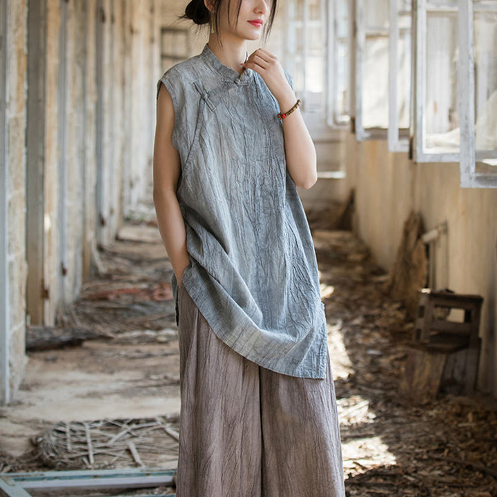 Camiseta sin mangas con botones de rana de lino y ramio teñida anudada hecha a mano con Buddha Stones