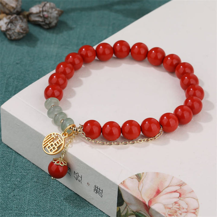 Pulsera Calma De Jade Con Carácter Fu Auspicioso Cinabrio De Buddha Stones