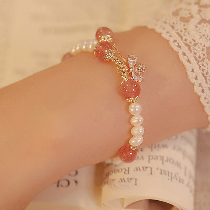 Pulsera con dije de abeja y miel curativa de cuarzo fresa y perlas naturales con Buddha Stones