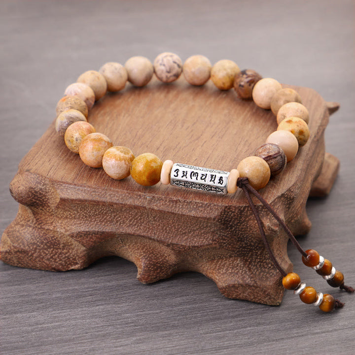 Pulsera fortalecida Om Mani Padme Hum de piedra desgastada