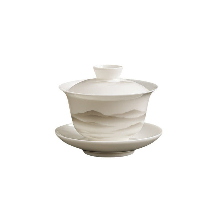 Buddha Stones Pintura De Tinta Vintage Montaña Porcelana Blanca Cerámica Gaiwan Sancai Taza De Té Kung Fu Taza De Té Y Platillo Con Tapa Utensilio De Té Tetera