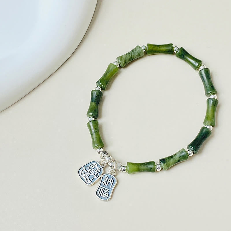 Pulsera de plata de ley 925 con Buddha Stones , bambú, jade, gato de la suerte, carácter Fu, suerte y abundancia - image 8