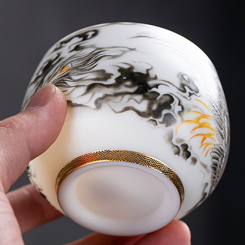 Taza de té de cerámica de porcelana blanca Phoenix Buddha Stones, taza de té de Kung Fu de 185ml con caja de regalo