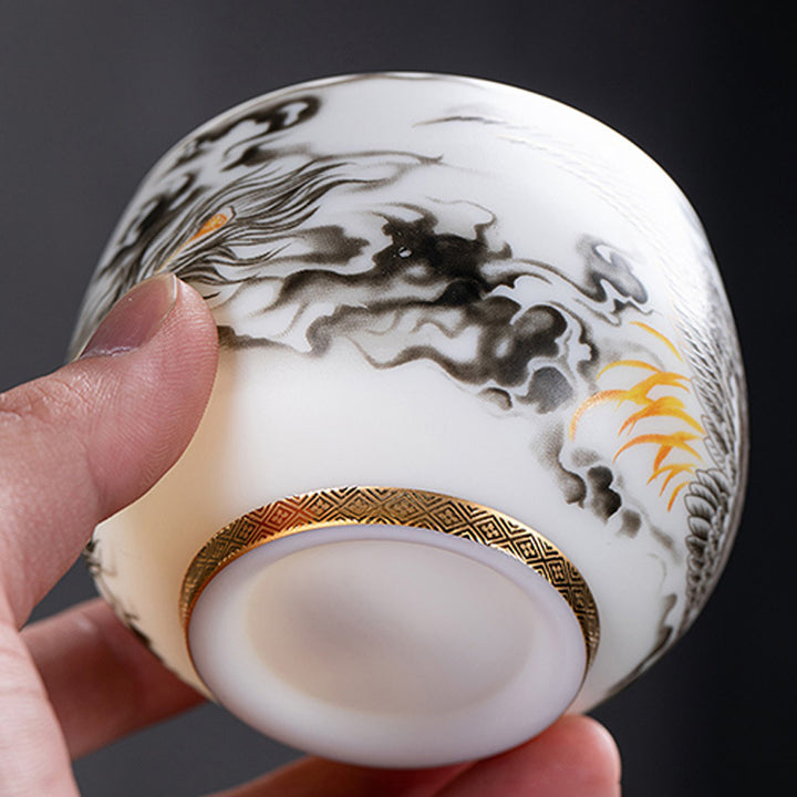 Taza de té de cerámica de porcelana blanca Phoenix Buddha Stones, taza de té de Kung Fu de 185ml con caja de regalo