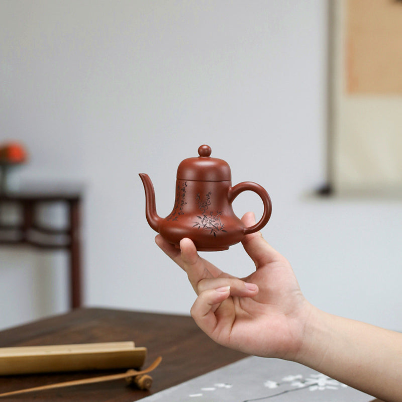 Tetera de kungfú de arcilla púrpura con flor de melocotón de bambú Vintage con Buddha Stones