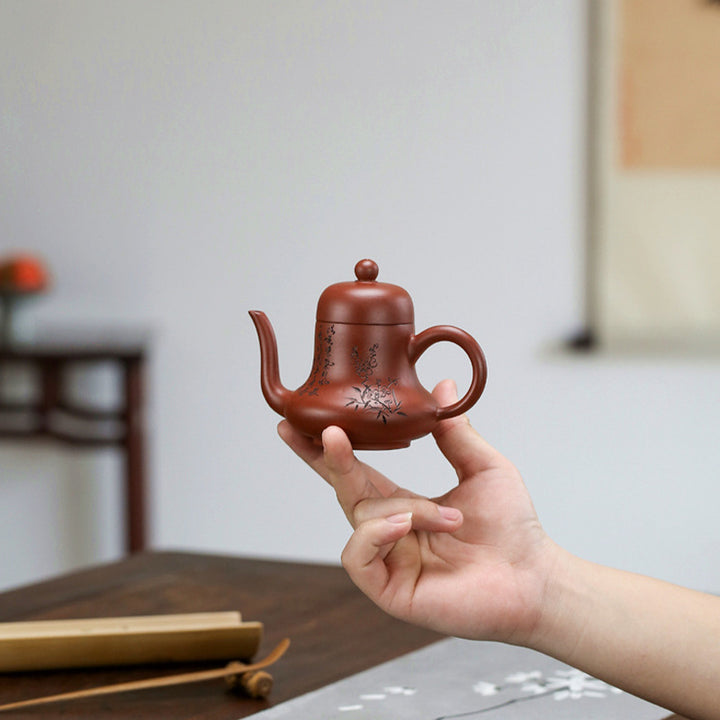Tetera de kungfú de arcilla púrpura con flor de melocotón de bambú Vintage con Buddha Stones